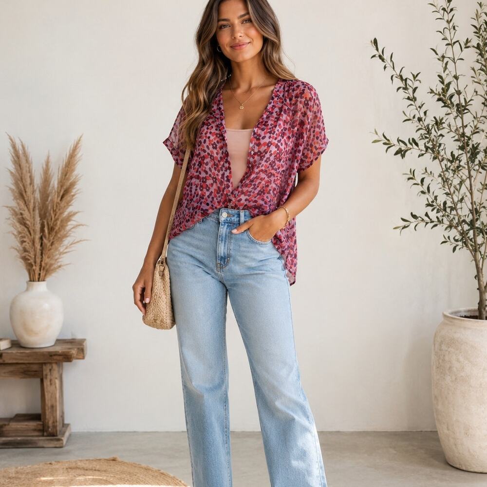 Logo Lori Goldstein Red Floral Sheer Button Down Shirt Women’s L Short Sleeve
